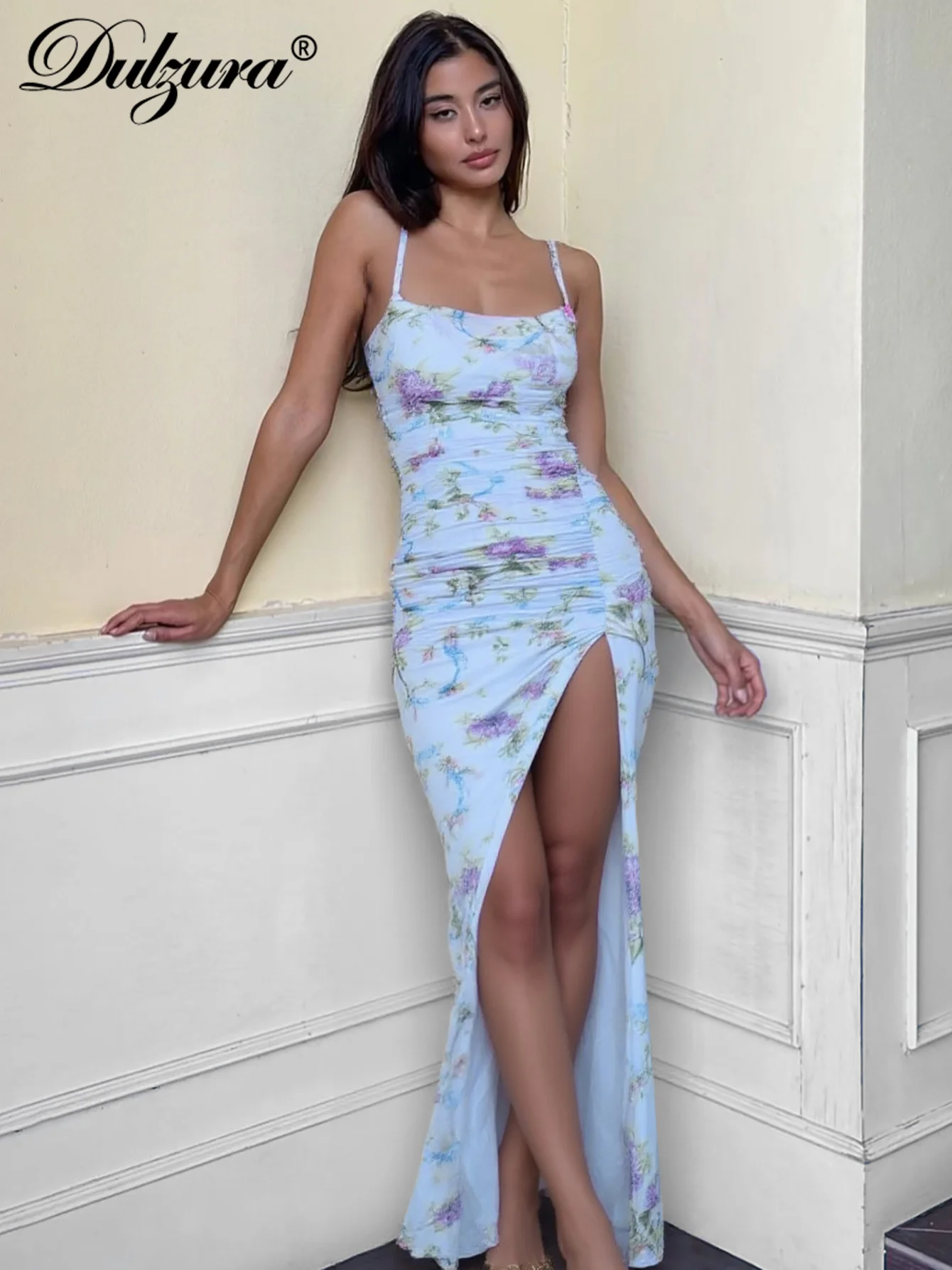 Dulzura Sleeveless Backless Bodycon Ruched Side Slit Zipper Floral Print Cami Maxi Dress Sexy Elegant Long Dress Party Clubwear