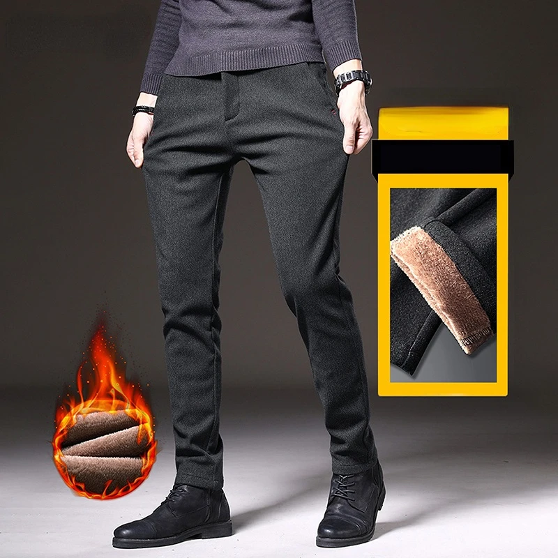 

2022 Winter New Men's Thermal Business Casual Pants Trendy Slim Fit Stretch Thicken Fleece Liner Elegant Cotton Trousers