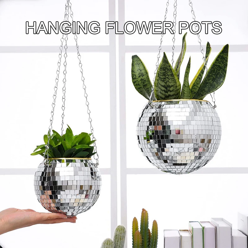 1PC Disco Ball Creative Round Flowerpot Hanging Basket Plastic Glass Mirror Plant Planting Pot Succulent Slivery