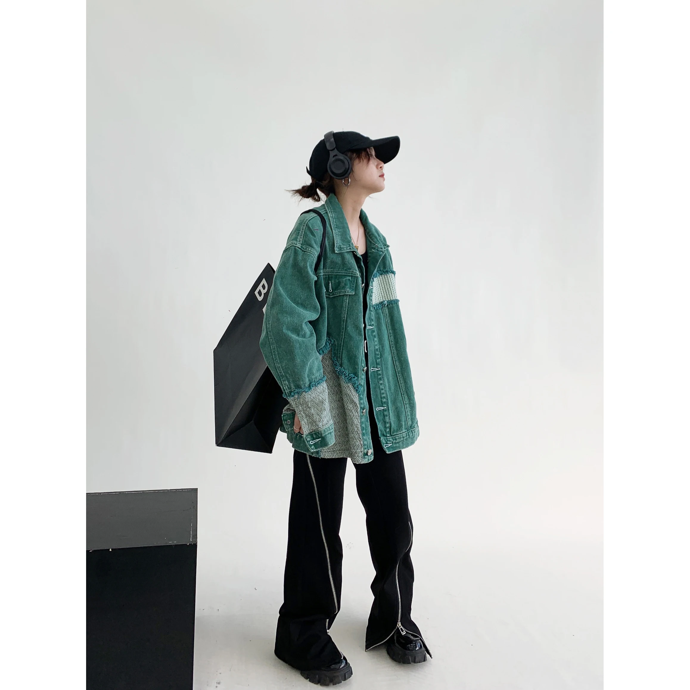 

Ретро американский дизайн пара джинсовое пальто свободное тяжелое джинсовое лоскутное женское джинсовое пальто с уличным воротником