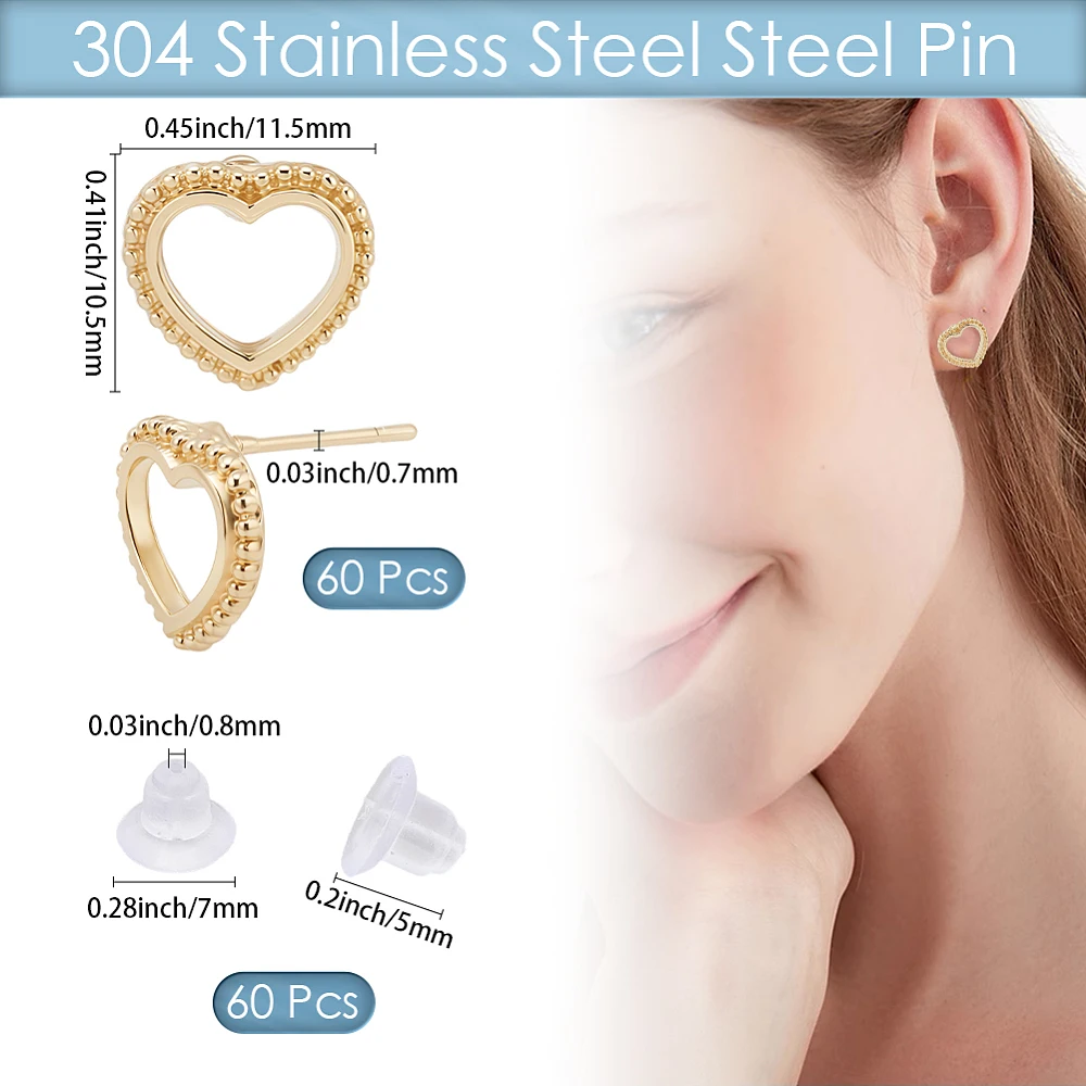 1 Box 60Pcs Heart Earring Posts Gold Plated Alloy Dainty Hollow Love Shape Heart Stud Earrings with 304 Stainless Steel Pin