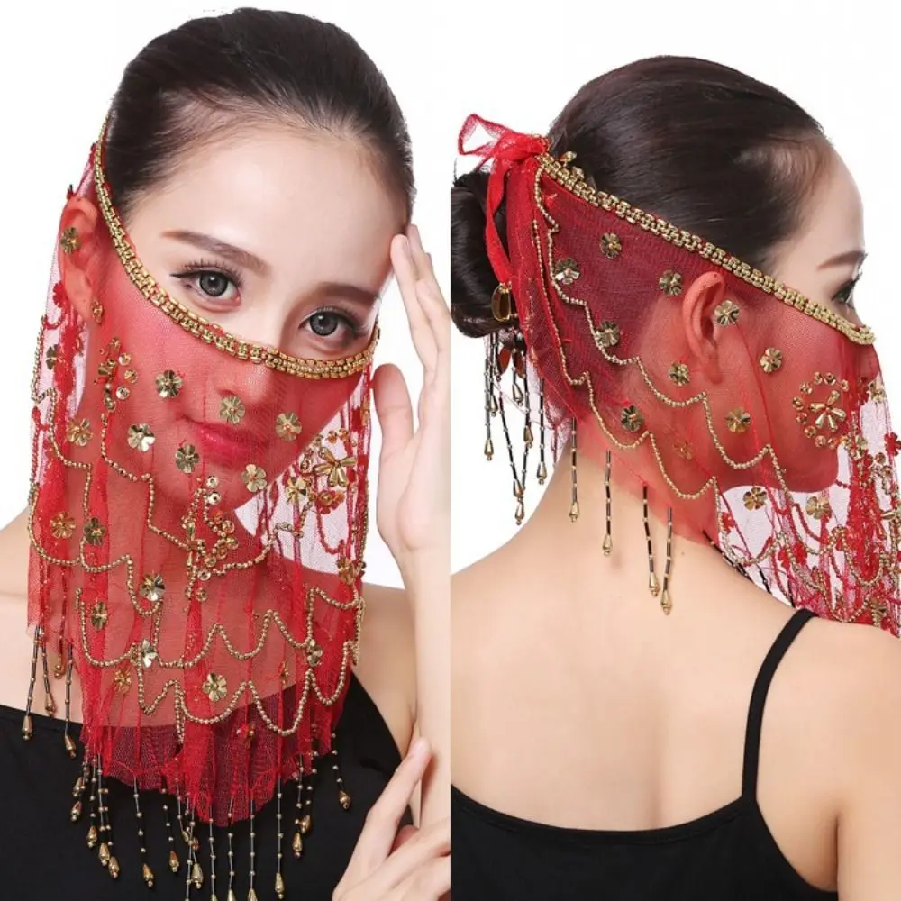 New Tribal Face Veils Belly Dance Costumes Mesh Face Veil with Beaded Halloween Costume Accessory