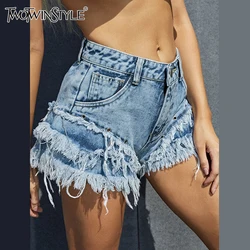 TWOTWINSTYLE Streetwear Short Pants For Women High Waist Solid Patchwork Raw Hem Denim Shorts Female Summer Clothing Fashion New