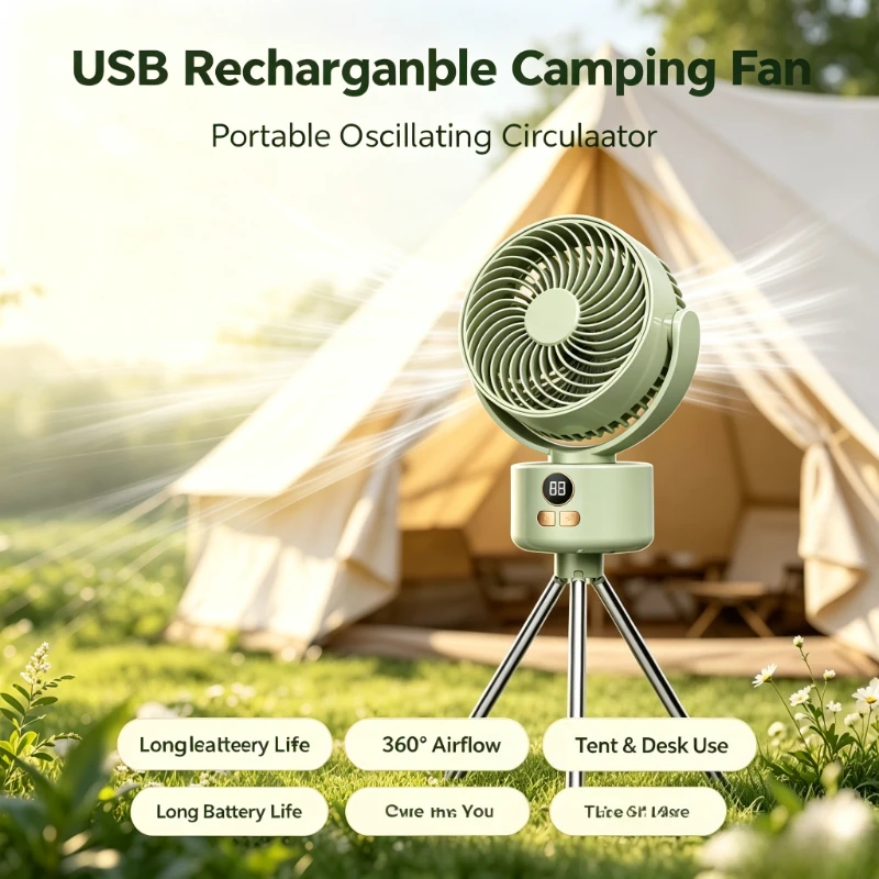 usb充電式ミニ卓上扇風機、振動式キャンプファン、ポータブルで長時間使用可能なバッテリーファン、テント、屋外、オフィス用