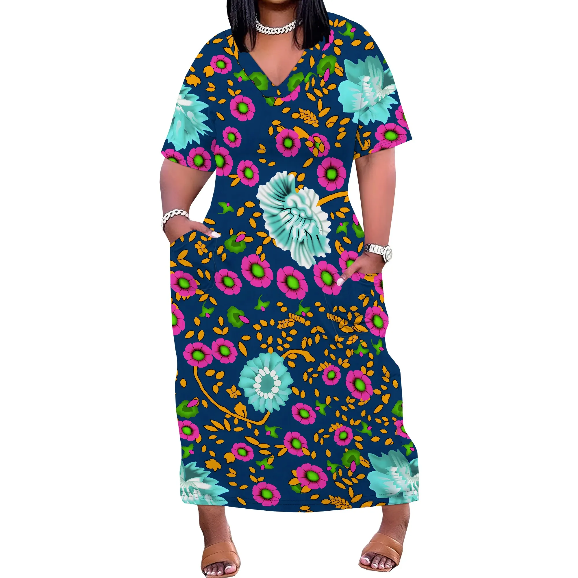 Plus-Size-Kleider für kurvige Frauen 2025, Sommer, lässig, kurzärmelig, langes Maxikleid mit Taschen, Strandurlaubs-Outfits