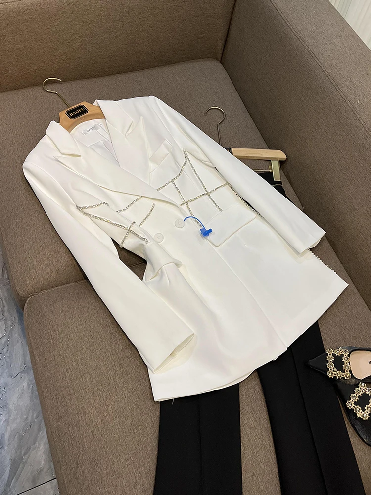 

Ele Diamond Decorated Women's Suit Jaet Winter Commute Sle Long Sve Double Breasted Classic Collar Faionable Midi