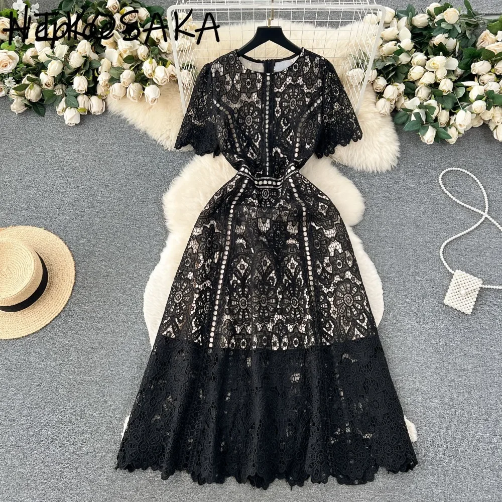 French Style Elegant Vintage Lace Hook Flower Dress O Neck Half Sleeve Patchwork Slim Big Swing Robe Casual Temperament Vestidos