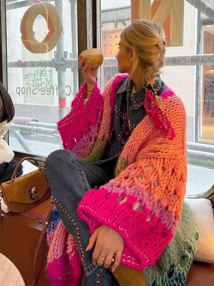 Boho Multicolor Crochet Lantern Sleeve Cardigan Loose Kimono Cardigan Women Fall Winter Coat Women's Long Sweater Jacket K12