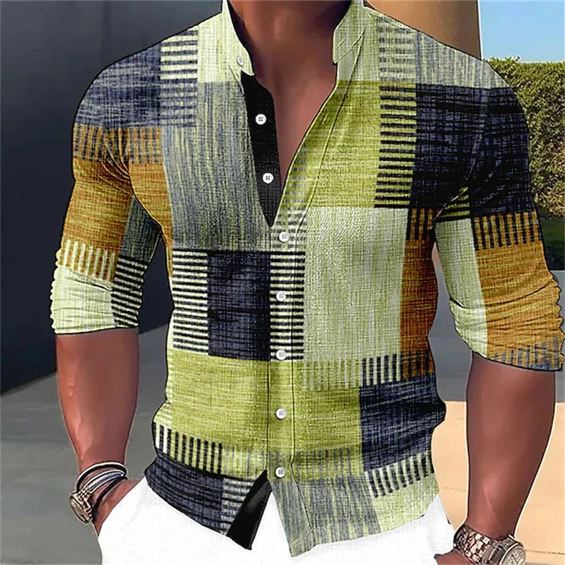 Camisa con estampado geométrico para hombre, ropa de calle de manga larga con cuello levantado para exteriores, moda de diseñador callejero informal, 2024