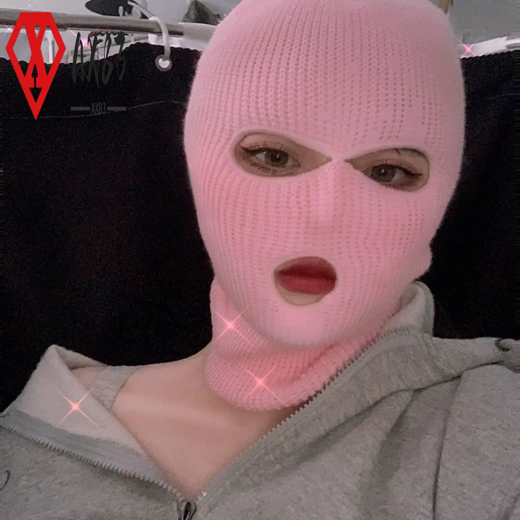

AX83-2X Full Face Cover Ski Mask Hat 3 Holes Balaclava Windproof Knit Beanies Bonnet Winter Warm Unisex Caps Pink