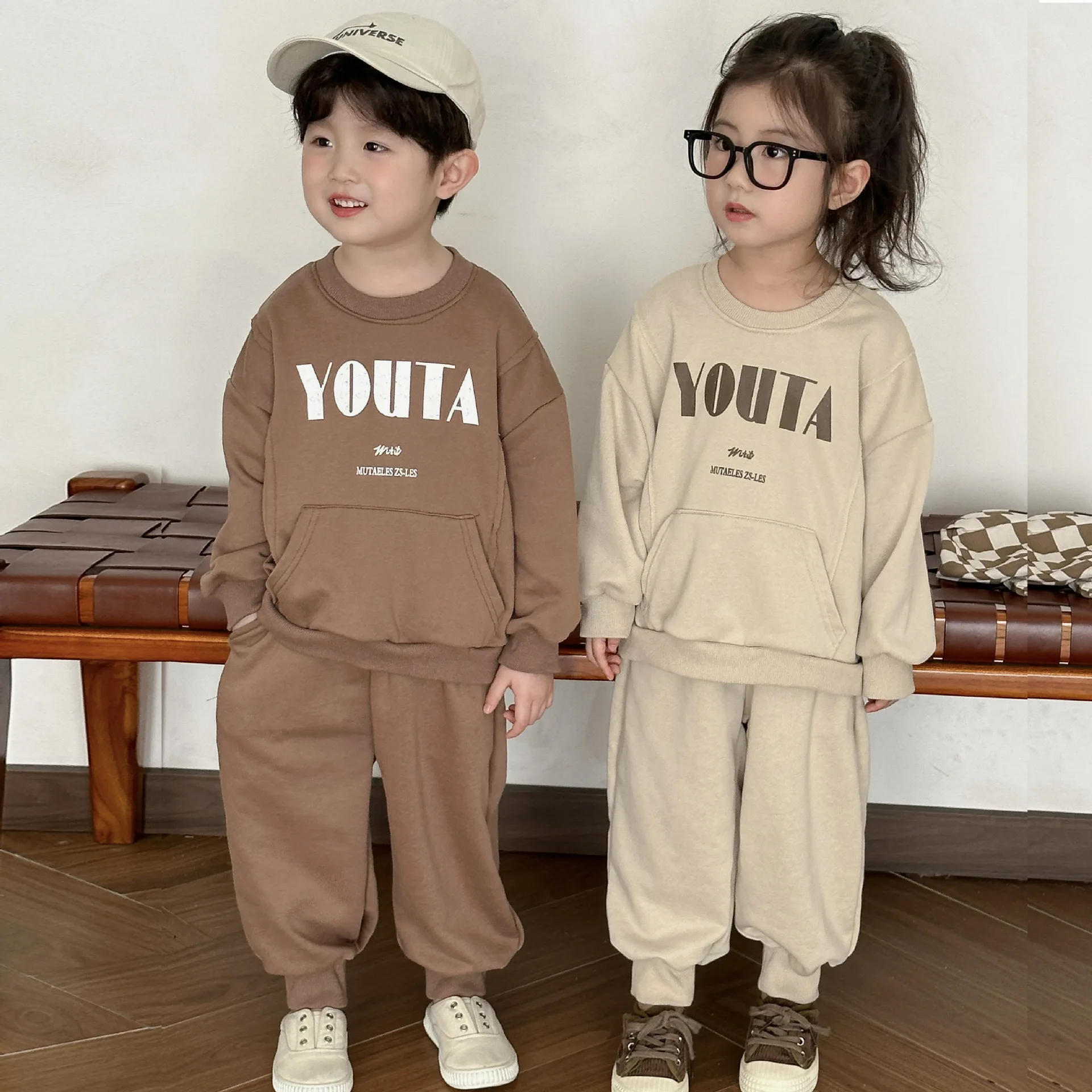 Spring Autumn Kids Boys 2PCS Clothes Set Cotton Letter Pocket Pullovers Solid Loose Sports Pants Suit Children Boys Tracksuit