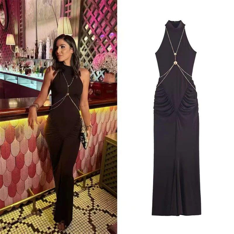 Vestido de mujer 2025 invierno nuevo estilo marrón oscuro sin mangas cuello halter vestido midi con detalle de cadena elegante y elegante