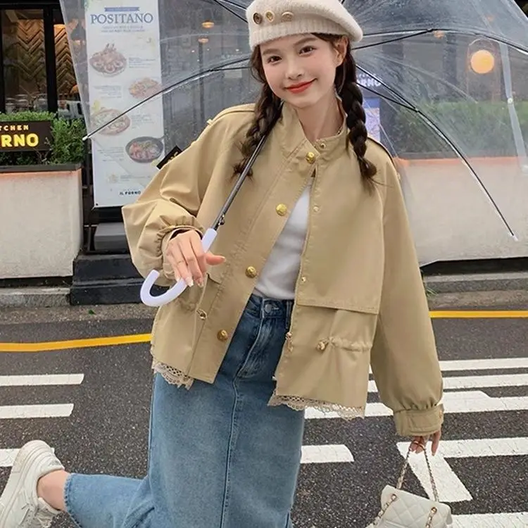 Fashion Jacket Women 2026 Spring Autumn New Lace Stitching Short Coat Ladies Minority Design Outwear Casual Female Overwear Tops