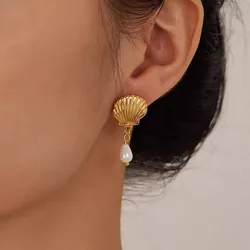 ASONSTEEL French Elegant Drop Earrings Gold Plated Shell Imitation Pearl Stainless Steel Waterproof Fashion Summer Party Gifts