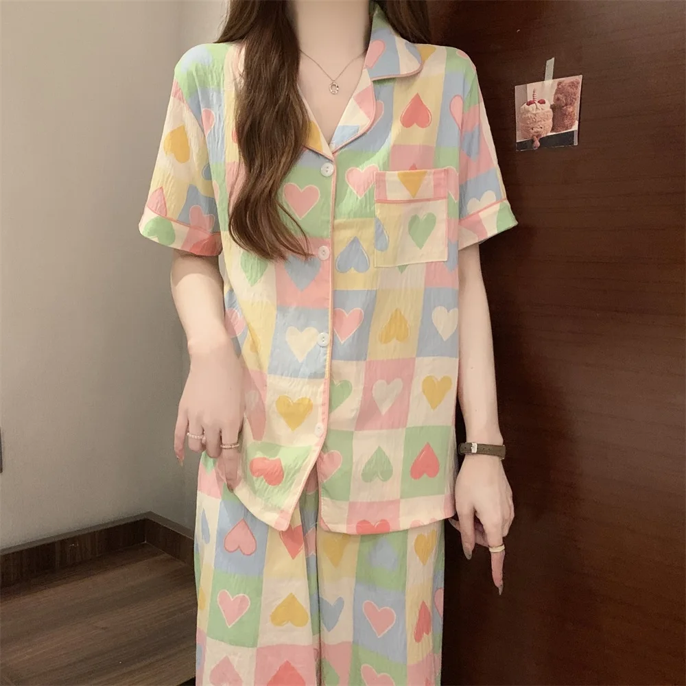 DAIMELU Short sleeves long pants pajamas women's summer cloud cotton soft ins wind Girl love sweet student female sleepwear set