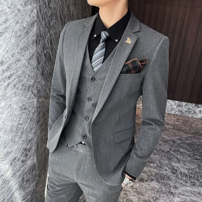 

73 Men's suit three-piece suit casual solid color small suit Korean style slim formal suit groom handsome wedding dress