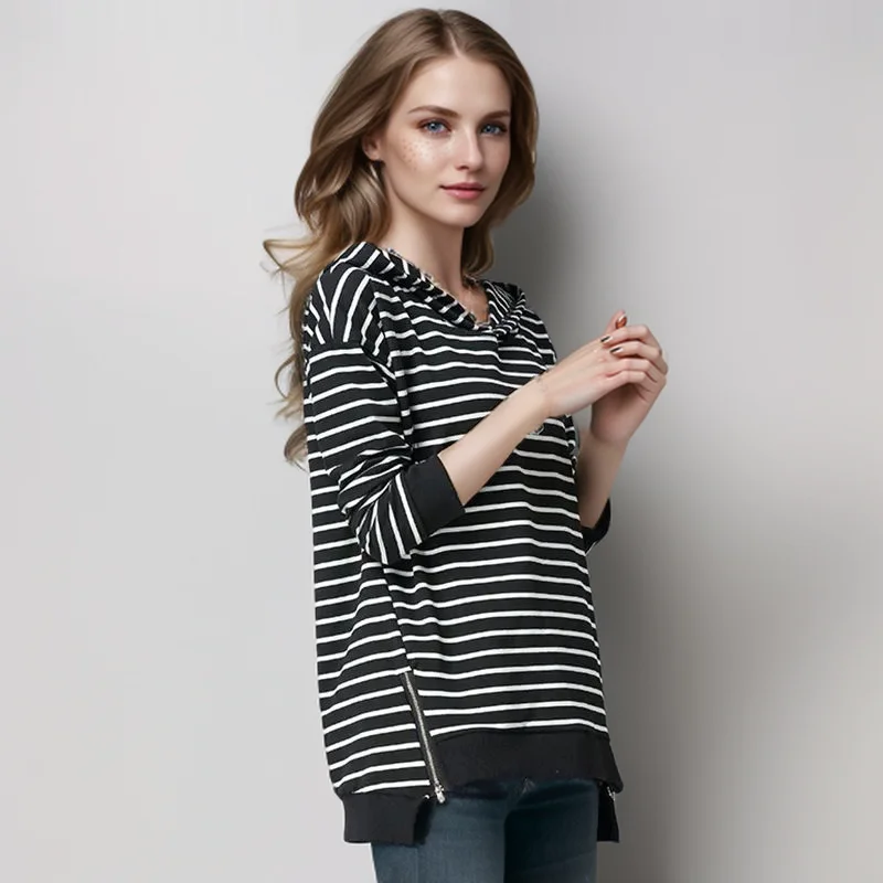 Plus Size 5XL 150KG Autumn Hooded T Shirt Long Sleeve Women Striped T Shirt Large Size Odzież damska Casual Female Big Tops