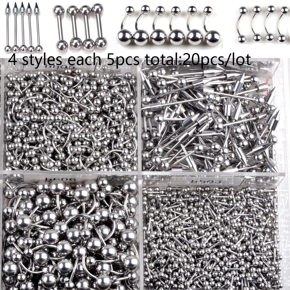 20/45 Pcs/Lot Stainless Steel Tongue Ear Rings Bars Barbell For Woman Man Unisex Body Piercing Jewelry Wholesale