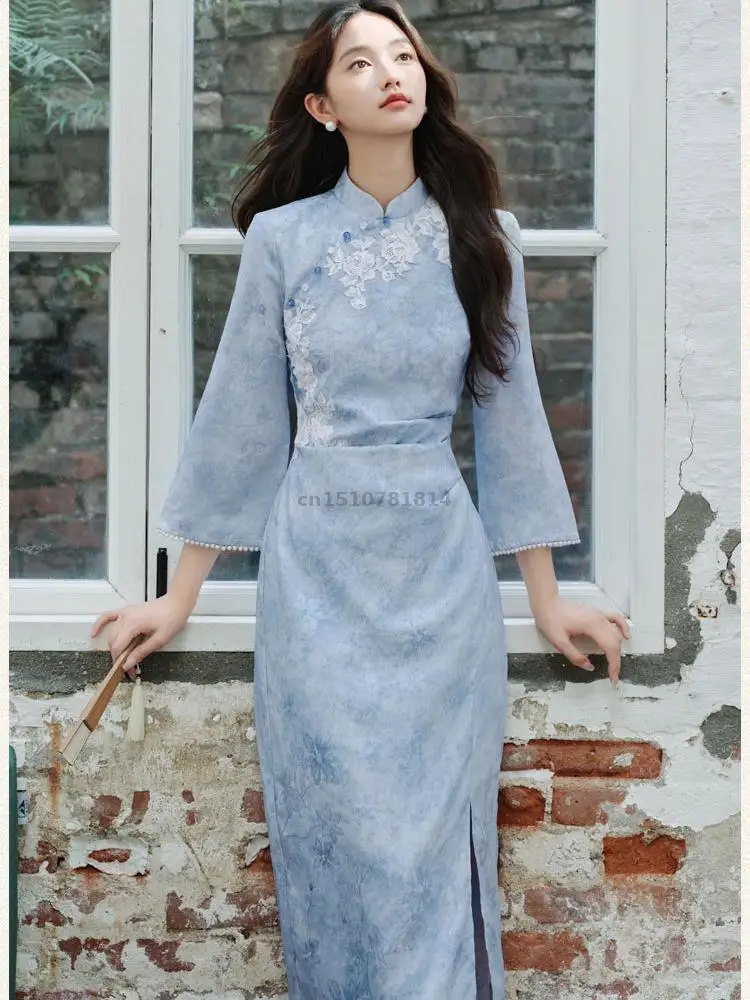 

Горячая новинка 2026: Женское длинное платье-ципао в китайском стиле с жаккардовым узором, улучшенное, с длинным рукавом, приталенное, осеннее, в национальном стиле