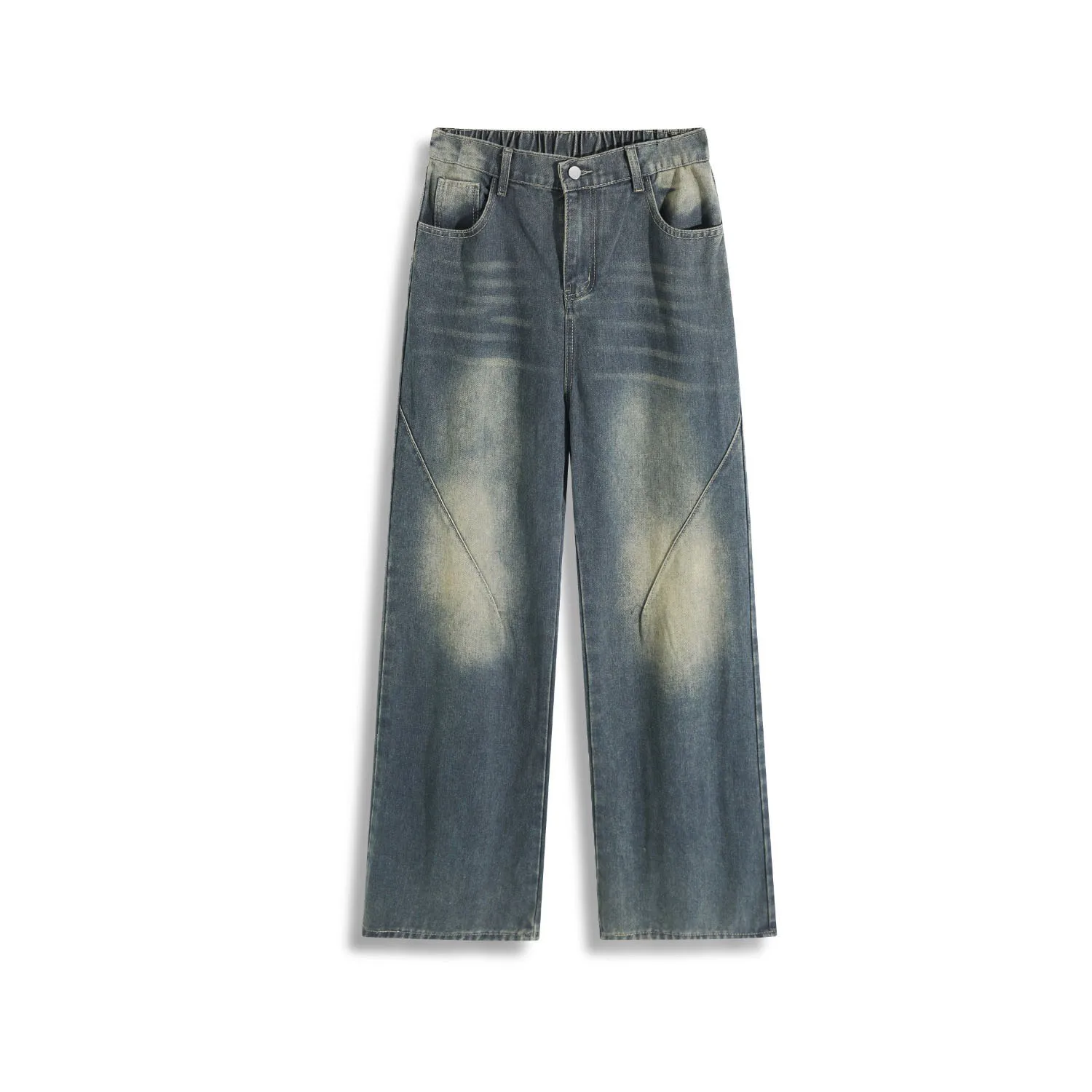 Men's Washed Straight Leg Jeans Autumn Casual Fashion Retro Street Style Patchwork Design Loose Distressed Denim Pants