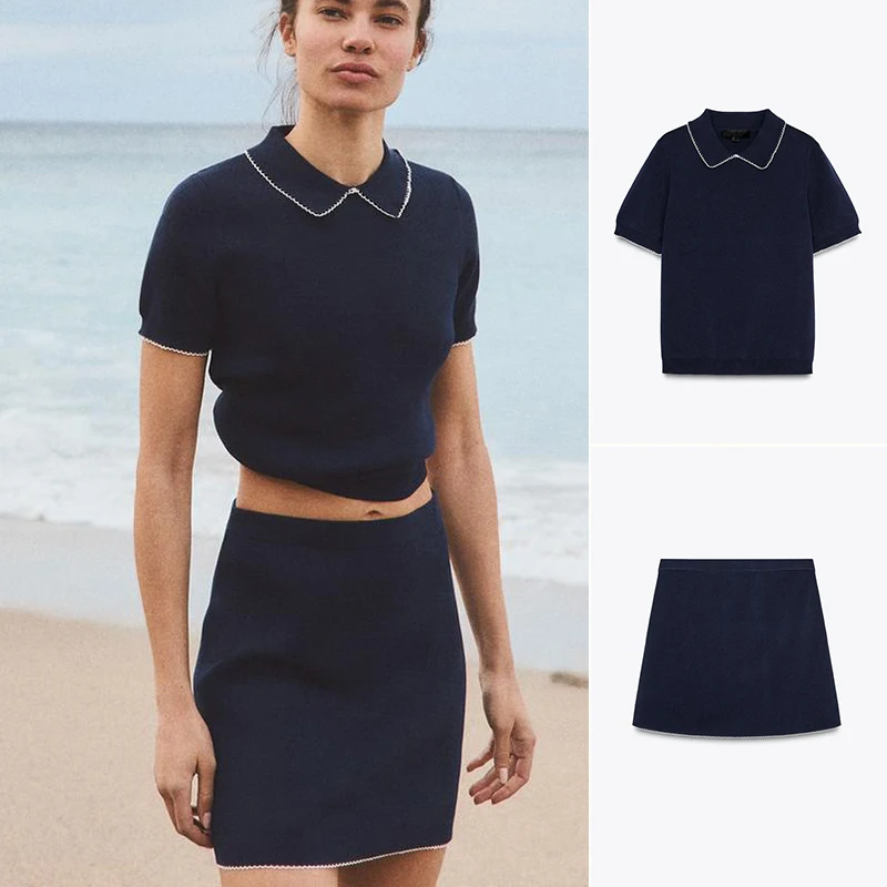 Falda de punto informal con cuello, diseño y decoración, conjunto superior ort Sve versátil para mujer, Faion de verano