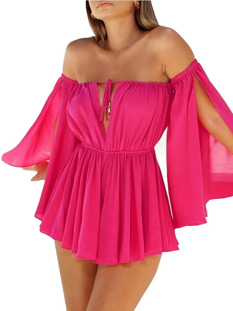 Women's Sweetheart Strapless Backless Open Chest Sleeve Dresses Heartwarming Model Chiffon Short Dresses