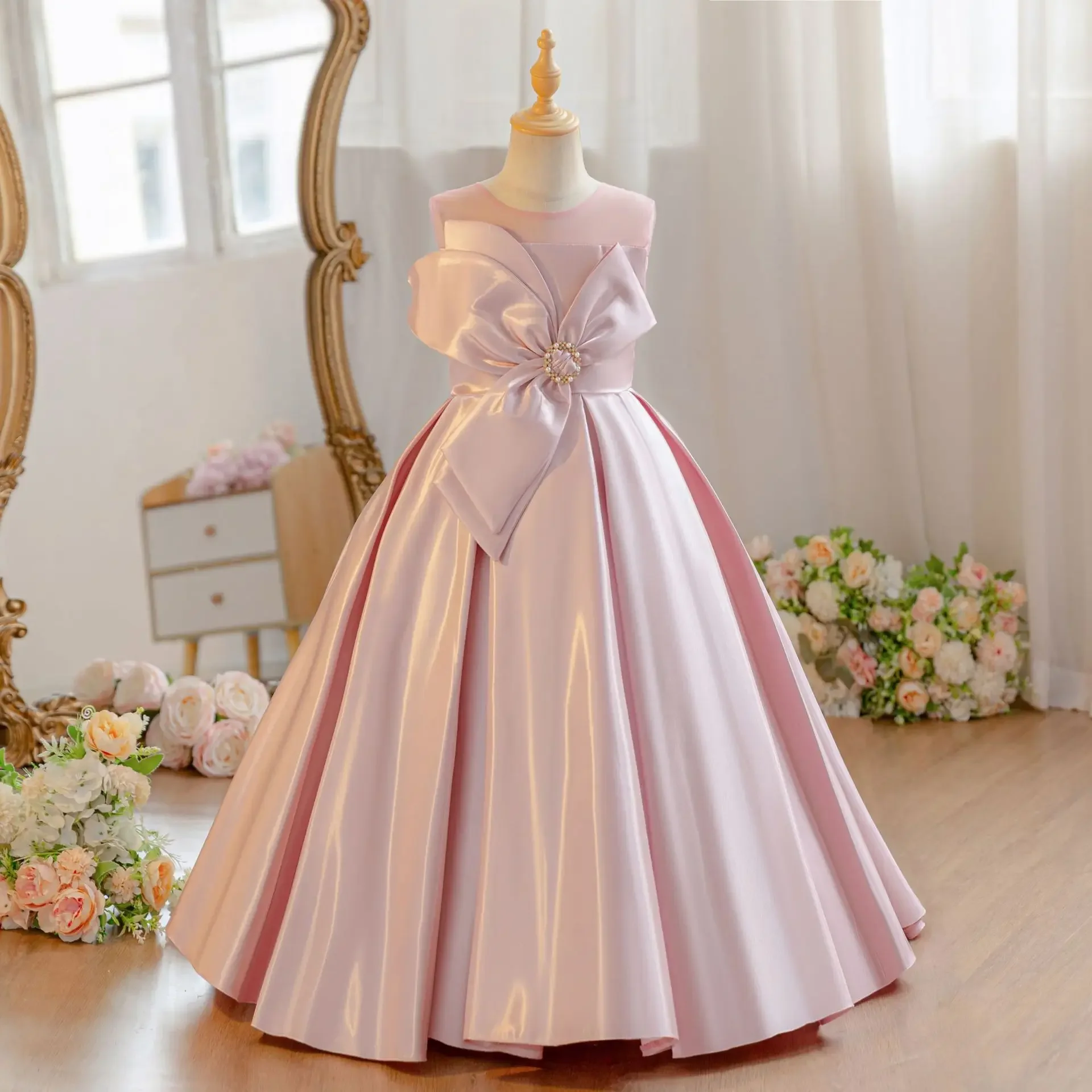 Pink Satin Elegant Girl Dress Designed Bowknot Children's Wedding Party Holy Communion Birthday Prom Gown 4-10 Years