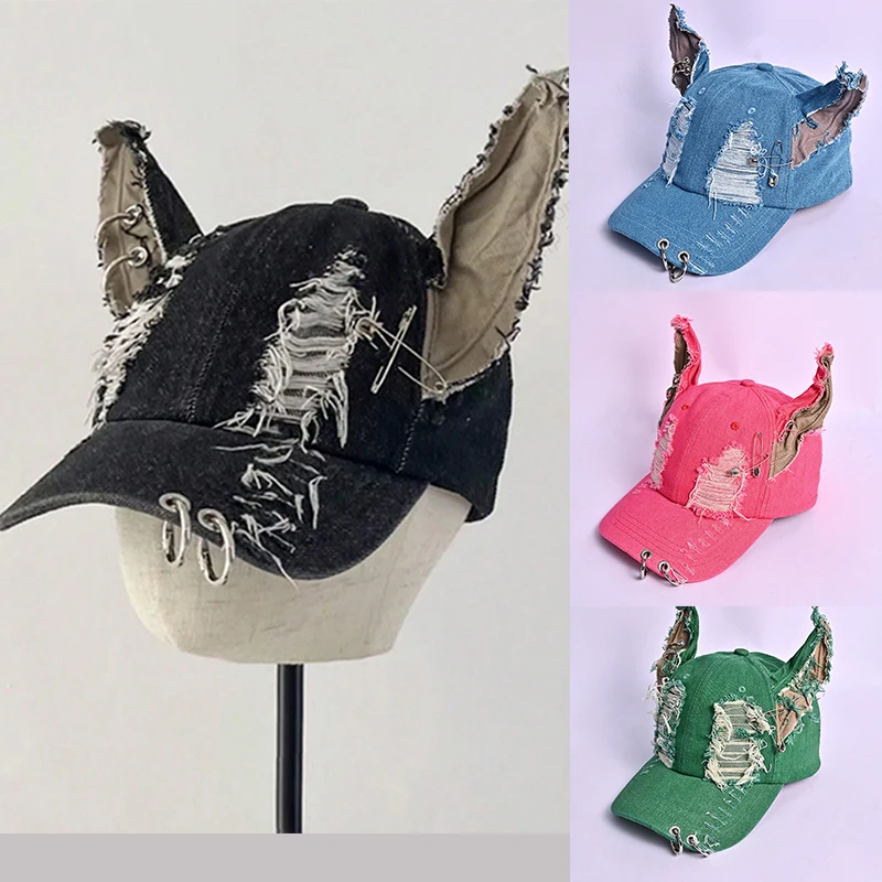 

Personality Y2k Hot Girl Graffiti Rabbit Ears Ripped Cowboy Wash Graffiti Hip Hop Cap Women Men Party Adjustable Baseball Caps