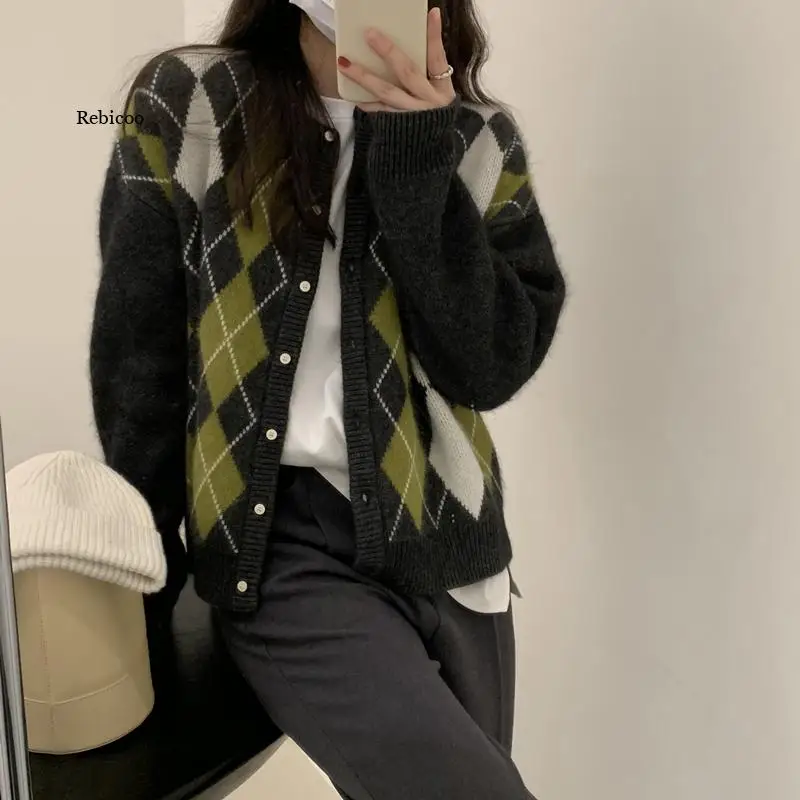 Vintage Plaid sweter sweter płaszcz jesień koreański styl sweter z dzianiny kobiet sprawdź z długim rękawem luźny sweter Femme