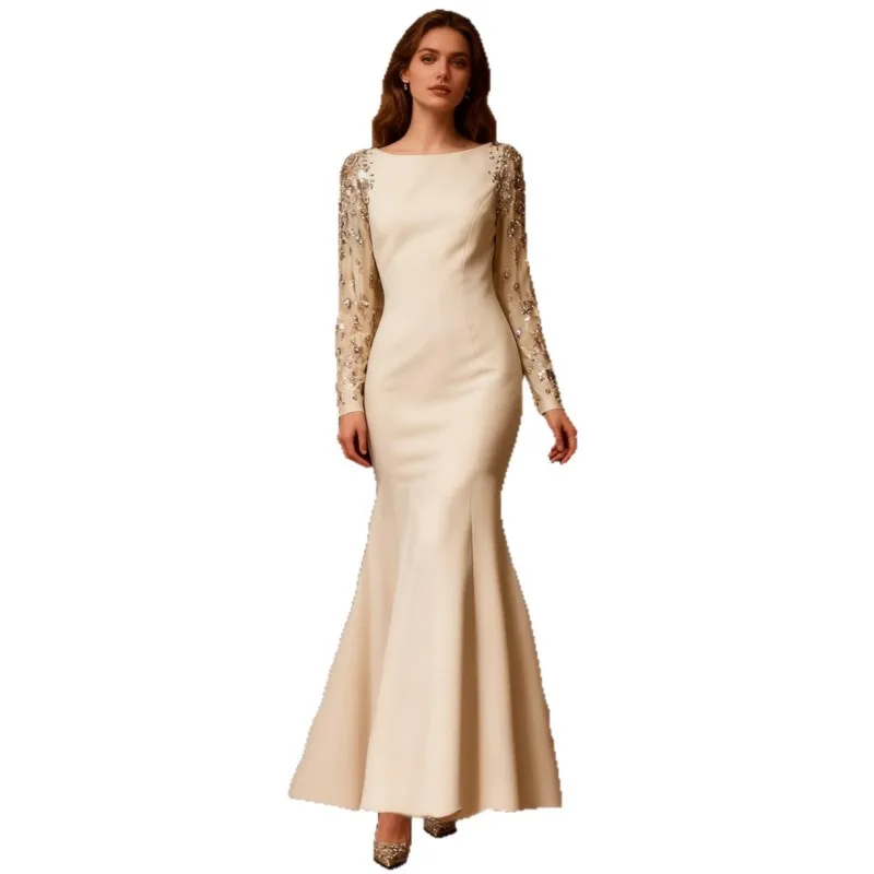 فستان جديد أنيق وأنيق برقبة واحدة وأكمام طويلة ومرصع بالألماس #5