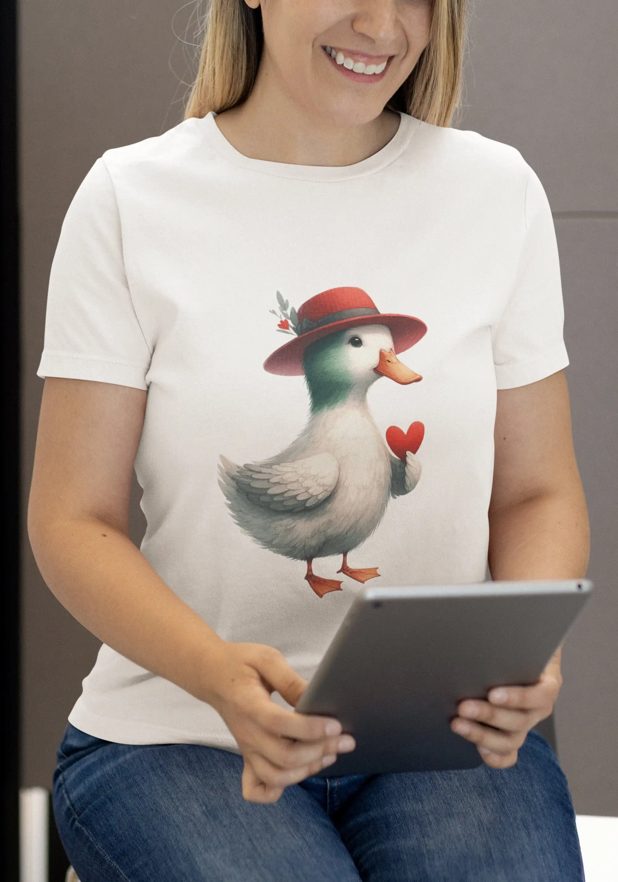 Adorable Duck with Red Hat Heart Plushie T Shirt Cotton Top for Casual Wear and Her Him Animal Love