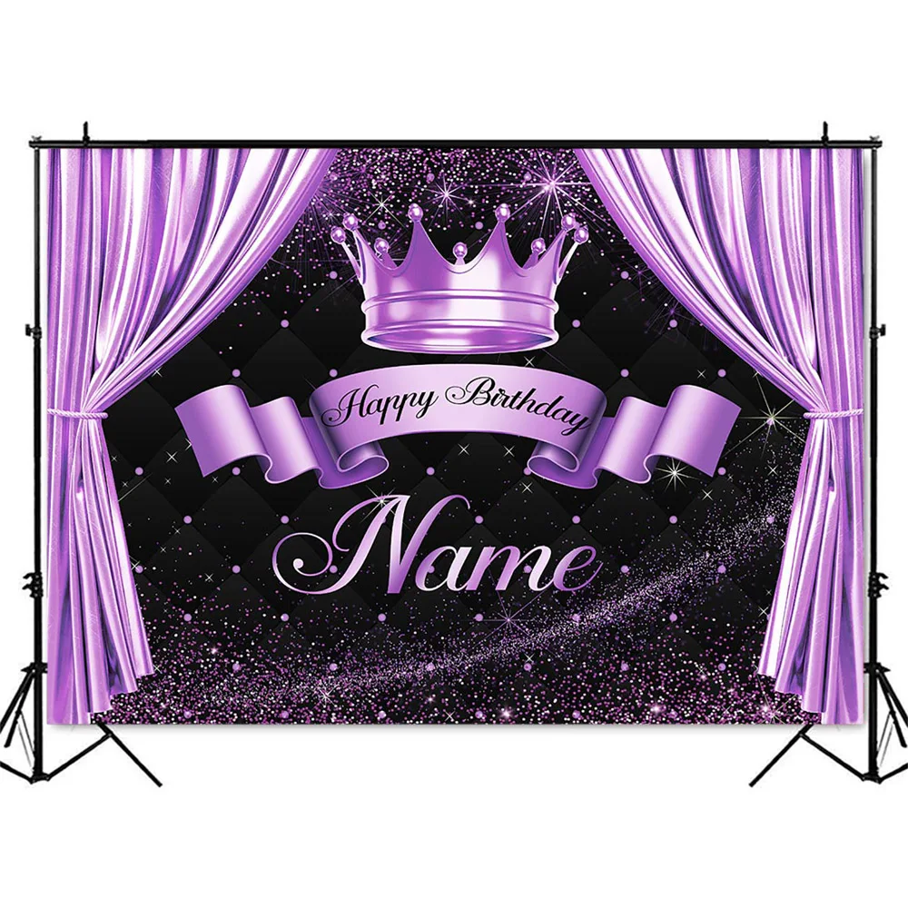 Purple Birthday Background Customize Name Purple Curtain Backdrop Crown Princess Birthday Party Decoration Banner Photocall