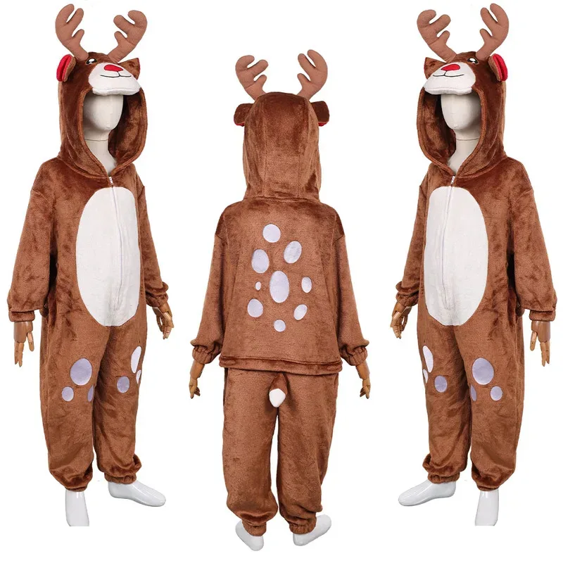 CyChristmas Cosplay Reindeer Jumpsuits Pakaian Coklat Untuk Anak-anak Pesta Penyamaran Permainan Peran Kostum Halloween Pakaian Karnaval Setelan