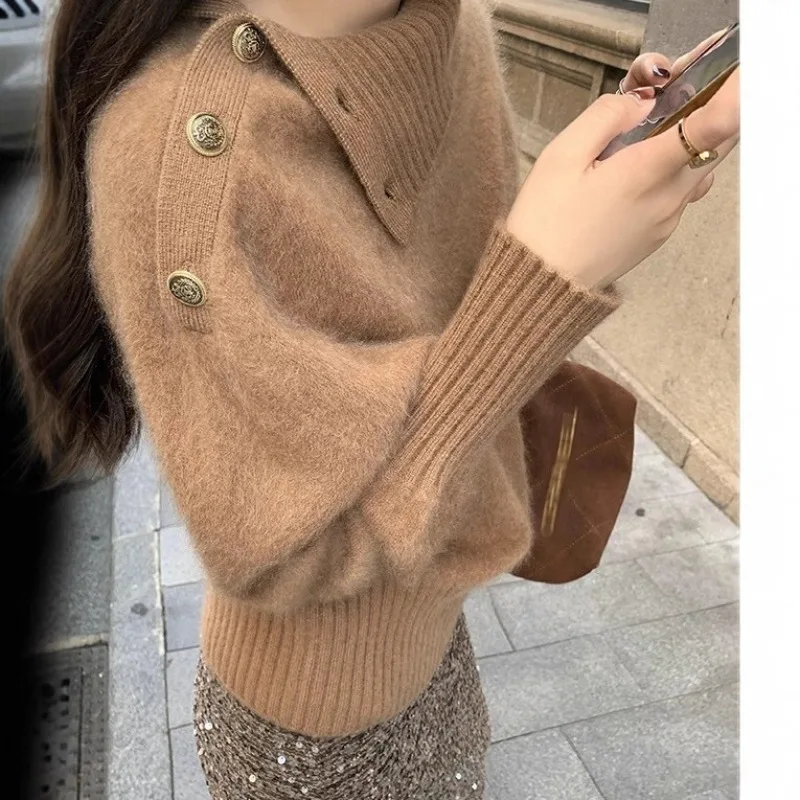 

Корейский стиль, ленивый свитер с высоким воротником, повседневный темпераментный женский свитер с неровным вырезом, осенне-зимний теплый вязаный топ