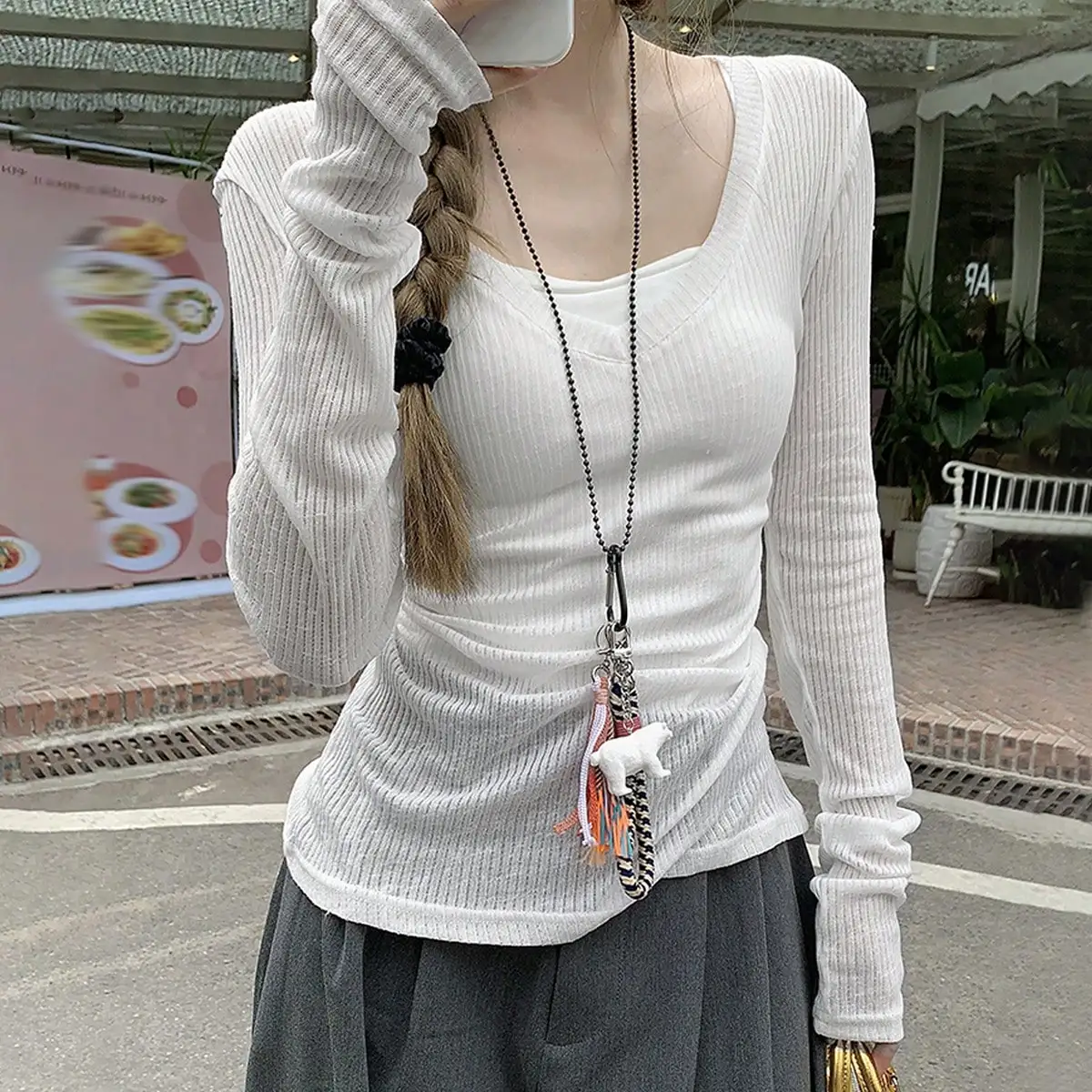 Korean Chic Autum Slightly Translucent Pure Lust Sexy Thin Sun Protection Blouse Pullover Slim Long-Sleeved White T-Shirt for Women