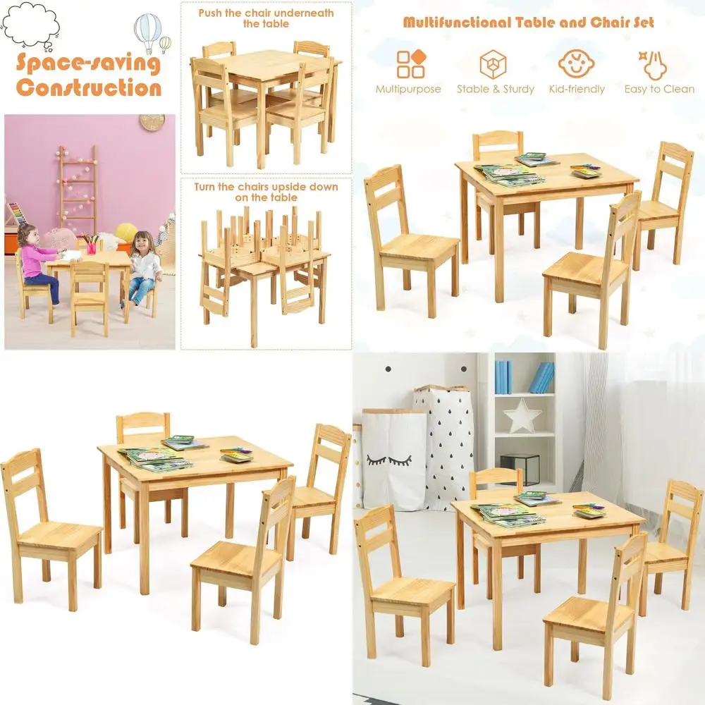 

Деревянный стол и 4 стула для малышей для игровой комнаты, детского сада или яслей (натуральное дерево)