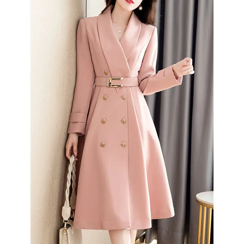 Spring and Autumn Windbreaker Coats Women 2022 New Korean Version Mid-length Coat Fashion Design Elegant Office Pink Trench Coat