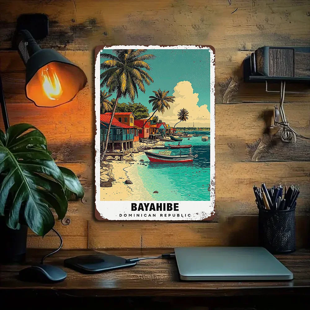 1pc Vintage Bayahibe Dominican Republic Metal Tin Sign - Turquoise Caribbean Beach Wall Art with Red Roof Houses, Palm Trees & B