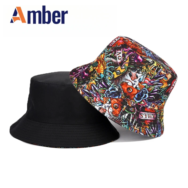 

Amber Graffiti Bucket Hat Cartoon Carp Print Panama Fisherman Hat For Men Women Double Side Chinese Style Hip Hop Summer Bob Cap