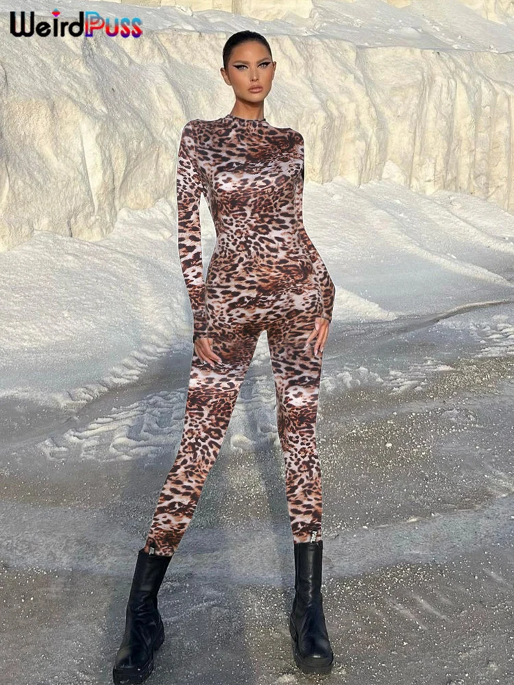 Weird Puss Leopard Print Jumpsuit Women Half Hight Neck Full Sleeve Skinny Stretch Street Fashion Wild Hottie Hipster Overalls