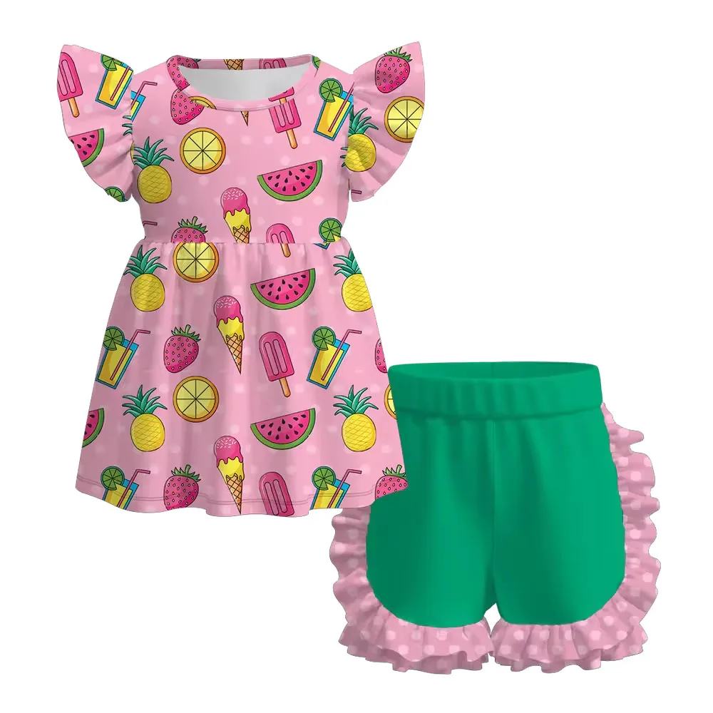 New Fashion Girl Ruffle Shorts Set Summer Kids Clothing Floral Fruit Ice-cream Print Outfits