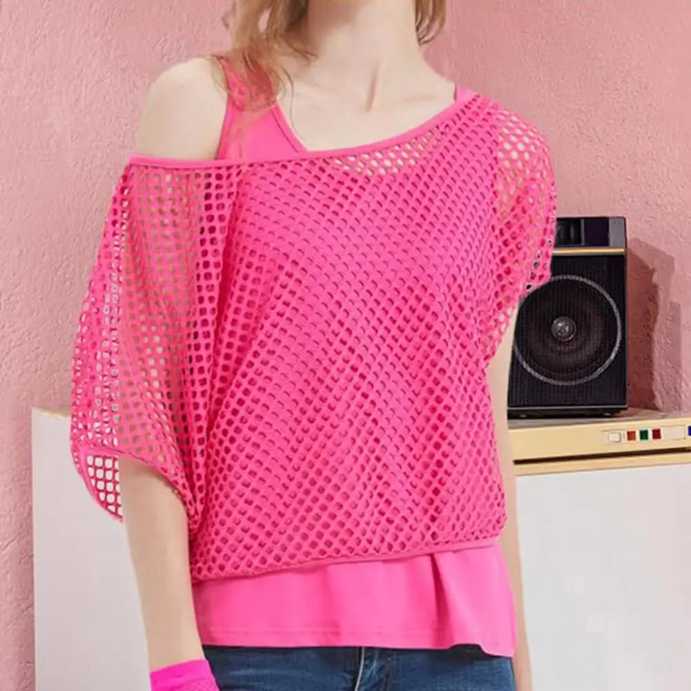 80s Mesh Shirt Vest Set Women\'s Bright Color Mesh Top Vest Set with Short Sleeve Racerback Sexy Long Sleeve Clubwear for Summer