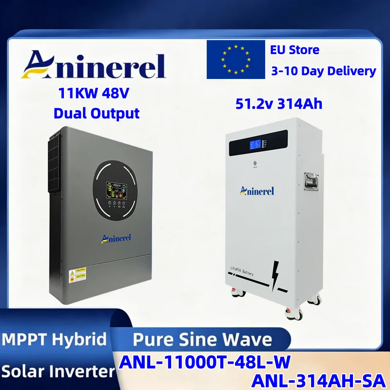 Aninerel 11kW – hybrydowy falownik solarny z podwójnym wyjściem, wbudowanym kontrolerem ładowania solarnego MPPT 160A, portami RS232/RS485, akumulatorem litowym 51,2 V, 314 Ah, ponad 6000 cykli