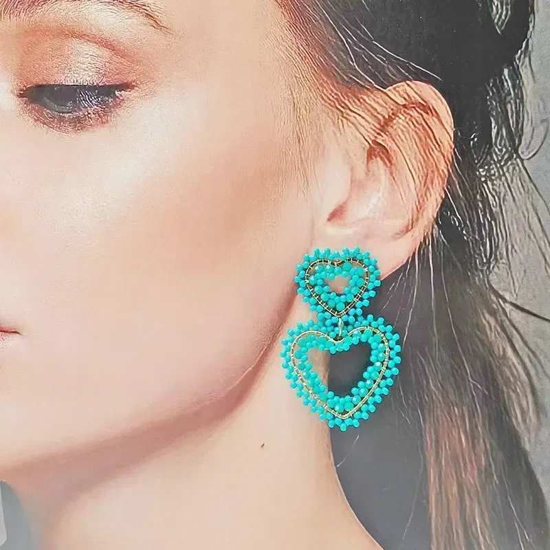 ZGMXR Bohemia Double-Deck Heart-Shaped Bead Earrings with Hand-Knitting Graph Crystal Versatile Beaded Female Jewelry