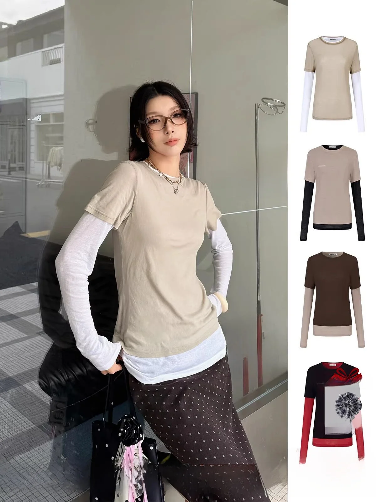 

Anna Mooer Long Sve T-irt True Two-Piece Base Layer Top for Ladies Casual Sle Stand Fit Daily Wear