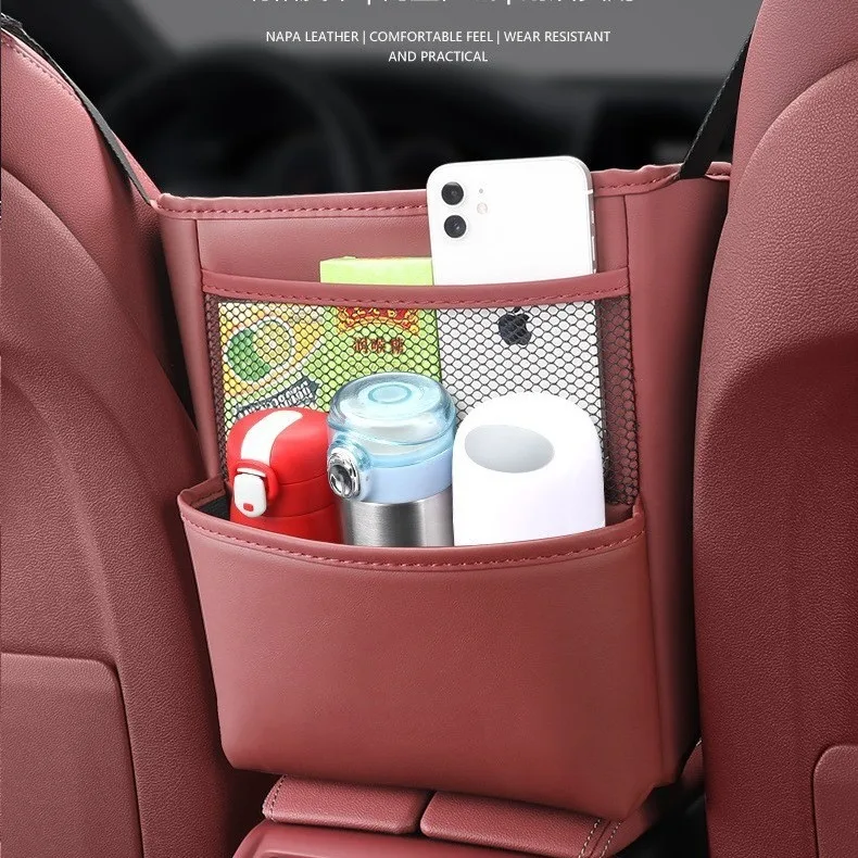 

Car Handbag Holder Between Seats Mutifuntional Leather Auto Seat Middle Storage Bag Hanging Tissue Box Phone Cup Map Organizer