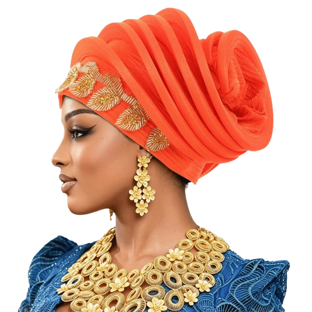 Shiny African Gele Headwrap Leaf Gold Embellished Yoruba Turban Hat Multiple Color Options Polyester Traditional Headpiece Women