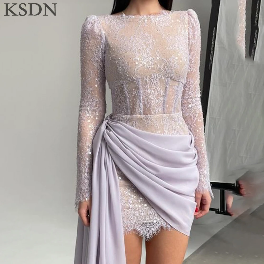 

KSDN Luxury Evening Dresses Formal O-Neck Long Sleeve Pleat Gowns Elegant Above-Knee Mini Skirts Special Occasion Prom Dress