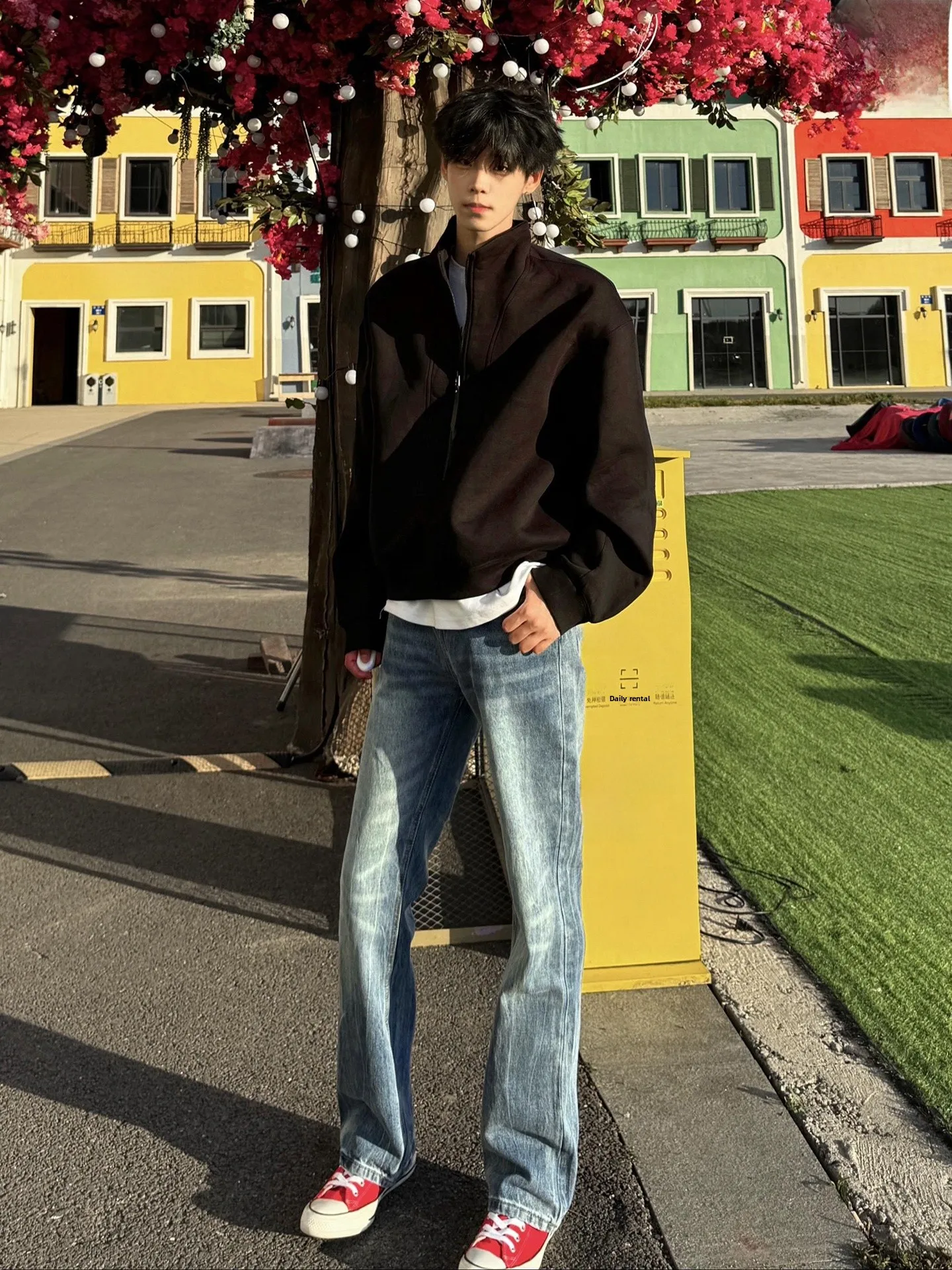 

American Retro High Waist Lightning Pattern Men's Jeans Slim Straight Casual Long Trousers Autumn Faion Brand Youth Wear