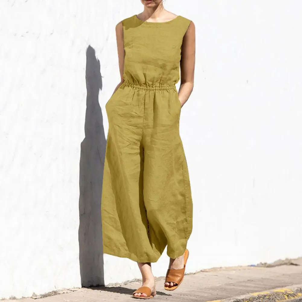 New Cotton And Linen Jumpsuit Women Solid Sleeveless Pocket High Waist Wide Legs Jumpsuits Casual Commuting Ladies Bodysuits